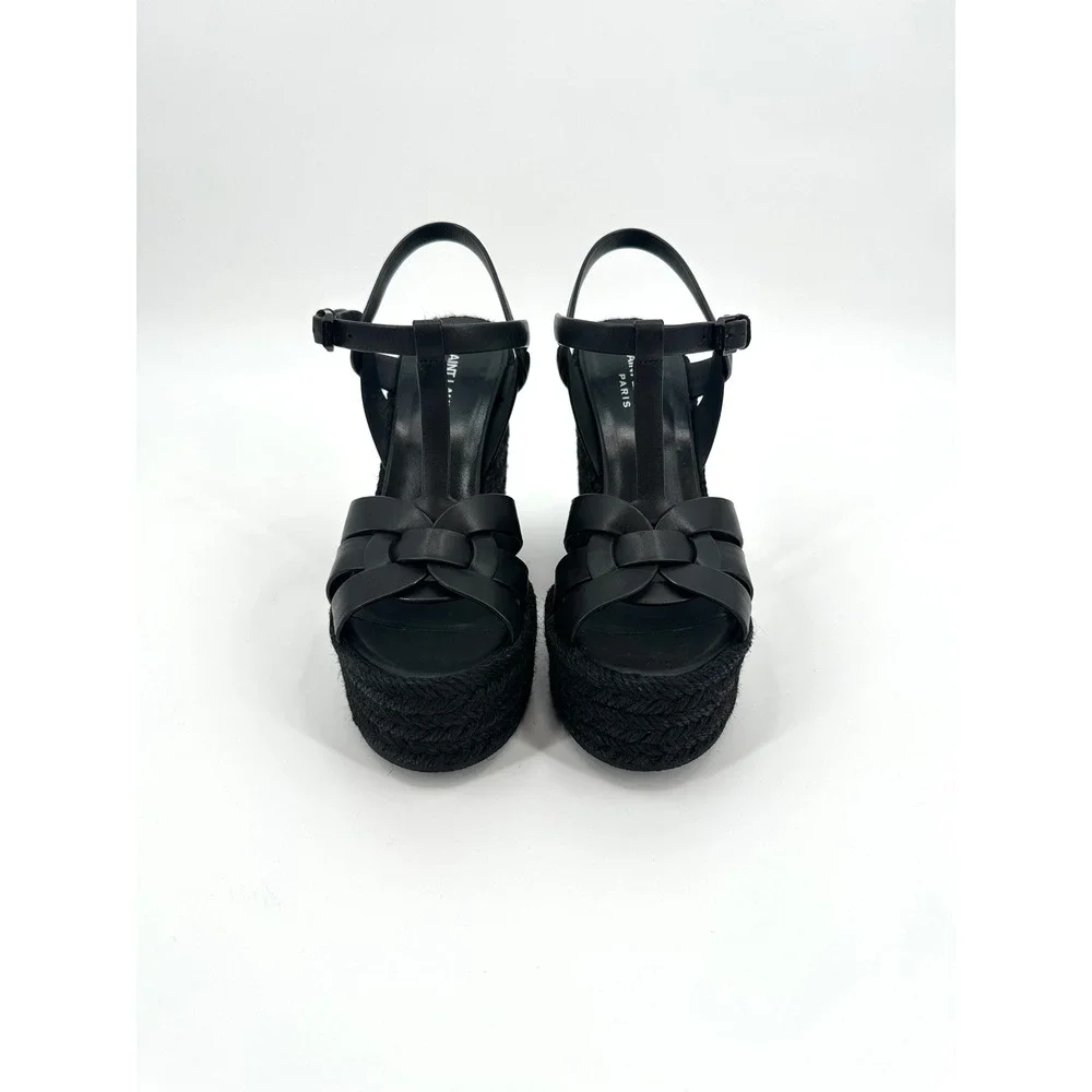 Saint Laurent Tribute Black Leather Espadrille Wedge Sandals Size 37